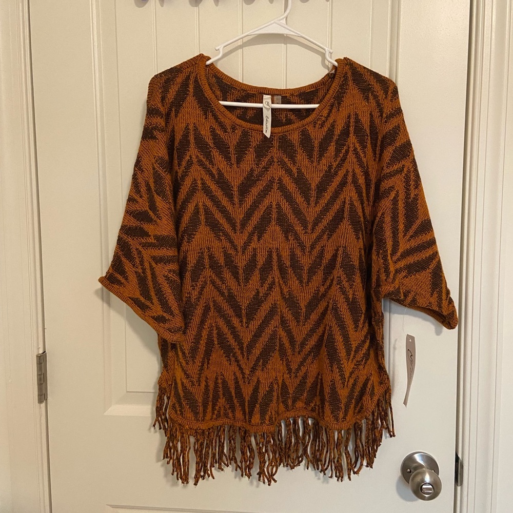 NEW | NY Collection‎ women’s orange brown pattern tassel loose sweater medium